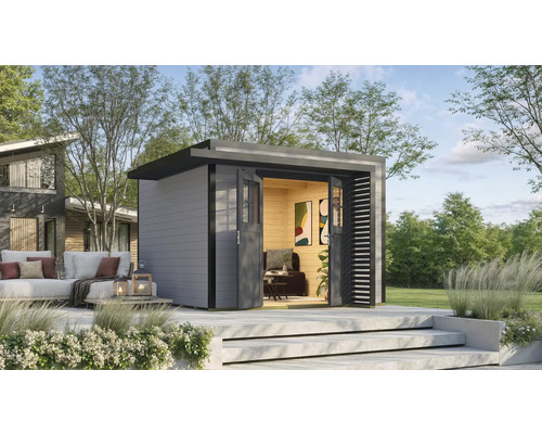Gartenhaus weka Amberley 28 mm inkl. Fußboden, Tür Sprosse 350 x 353 cm grau-anthrazit Modernes Gartenhaus mit Flachdach, Schiebetüren und Lounge-Bereich im Freien auf erhöhter Terrasse