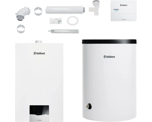 Vaillant Paket 1.640/2 Gas-Wandheizgerät ecoTEC plus VC 10 CS/1-5, Warmwasserspeicher uniSTOR plus VIH R 120/6 B, witterungsgeführter Regelung sensoDIRECT VRC 710 und Luft-/Abgasführung starr 8000013858 Vaillant ecoTEC plus Gasheizung mit Zubehör und Vaillant Logo