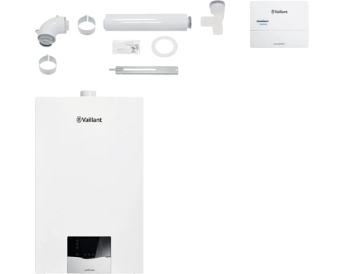 Vaillant Paket 1.644/2 Gas-Wandheizgerät ecoTEC plus VC 15 CS/1-5, Warmwasserspeicher uniSTOR plus VIH R 120/6 B, witterungsgeführter Regelung sensoDIRECT VRC 710 und Luft-/Abgasführung starr 8000013863 Vaillant ecoTEC plus Gas-Brennwertgerät mit Zubehör