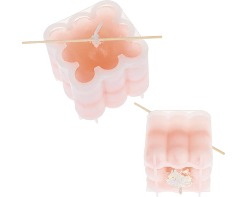 Zwei rosa Bubble Cube Kerzen aus Wachs mit Holzstäbchen