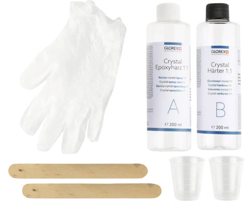 Glorex Crystal Epoxidharz Set mit Epoxidharz, Härter, Mischbechern, Holzstäbchen und Schutzhandschuhen