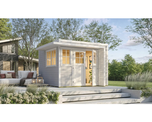 Gartenhaus weka Amberley 28 mm inkl. Fußboden, Fenster 350 x 353 cm grau-weiß Garten Szene mit Holzgartenhaus mit Fenster und offener Tür auf Terrasse