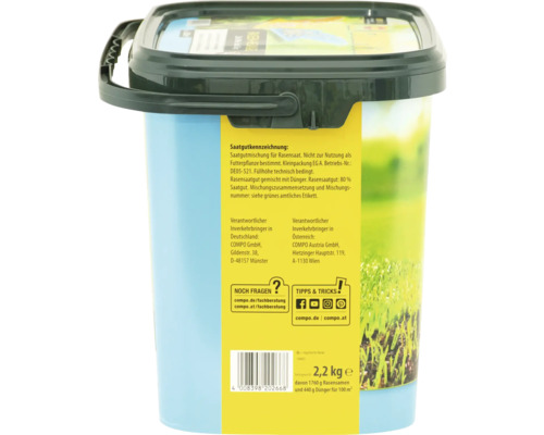Rasensamenmischung mit Dünger im Eimer mit einem Gewicht von 2,2 Kilogramm.