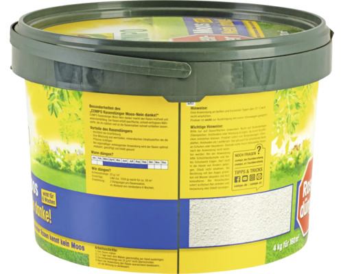 COMPO lawn fertilizer Moss-No thank you in a bucket.