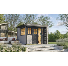 Garten Szene mit einem modernen Gartenhaus aus Holz mit Flachdach und einer Sitzecke im Hintergrund.