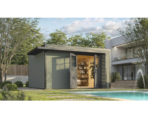 Gartenhaus weka Amberley 44 mm inkl. Fußboden 450 x 455 cm graugrün-anthrazit Gartenhaus mit offenstehenden Doppeltüren neben einem Swimmingpool