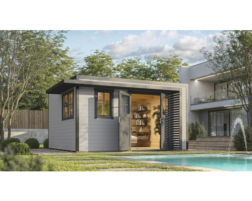Gartenhaus weka Amberley 44 mm inkl. Fußboden, Fenster 450 x 455 cm grau-anthrazit Garten Szene mit modernem Gartenhaus aus Holz, neben einem Pool.