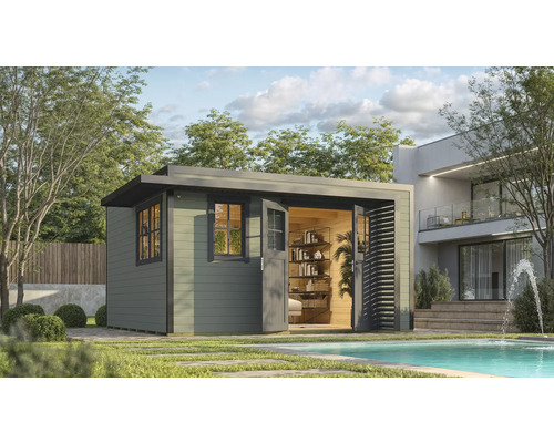 Gartenhaus weka Amberley 44 mm inkl. Fußboden, Fenster 450 x 455 cm graugrün-anthrazit Modernes Gartenhaus aus Holz mit offenstehenden Doppeltüren neben Pool