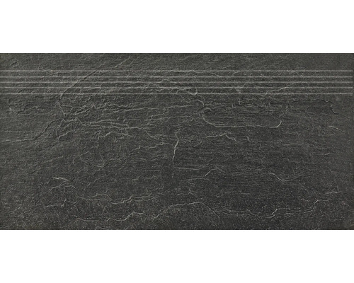 Feinsteinzeug Stufenfliesen Cliff schwarz 30 cm x 60 cm x 0,9 cm Fliese mit Schieferoptik und Relief