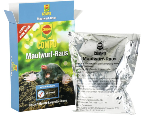 COMPO Maulwurf-Raus Schädlingsbekämpfungsmittel Packung und Folienbeutel