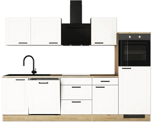Küchenzeile mit Spüle, Geschirrspüler, Kochfeld, Dunstabzugshaube, Backofen und Schränken