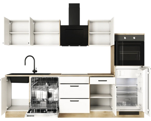 Küchenzeile mit Spüle, Geschirrspüler, Herd, Dunstabzugshaube und Kühlschrank