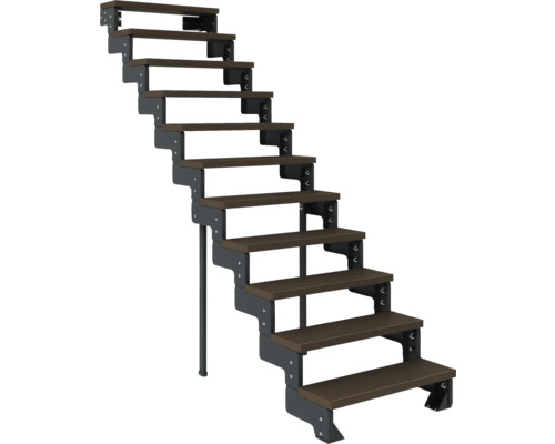 Gerade Treppe mit braunen Stufen und grauen Seitenteilen.