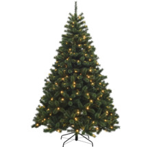 Geschmückter künstlicher Weihnachtsbaum mit Lichtern auf einem Ständer