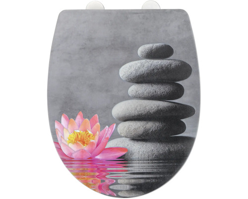 Wenko WC-Sitz Water Lily mit Absenkautomatik Befestigungsart von oben 24269100 Toilettendeckel mit Steine- und Lotusblütenmotiv
