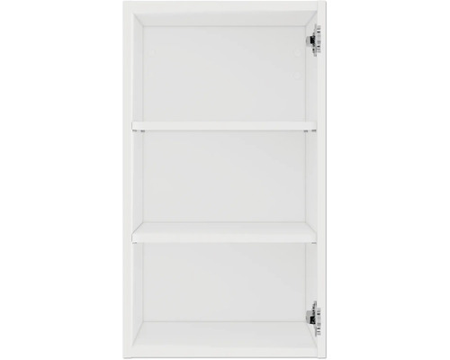 Innenansicht eines weißen Badezimmerschranks mit zwei Regalböden und Beschlägen