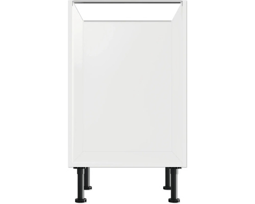 Weißer Küchenunterschrank mit schwarzen Füßen.