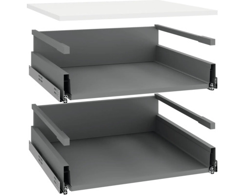 PICCANTE Smart Bodenpaket zu 60 cm Kochfeld 2 Auszüge weiß zerlegt "Nr. 27" Zwei graue Schubladeneinsätze mit Auszugsschienen und einer weißen Tischplatte.