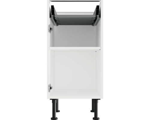 Weißer Unterschrank mit zwei offenen Fächern und schwarzen Füßen