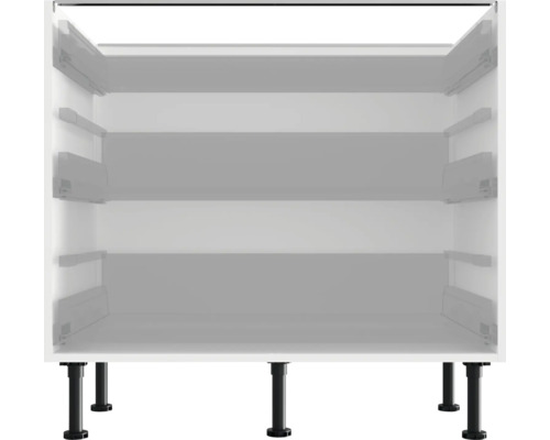 Weißer Küchenschrank mit schwarzem Sockel