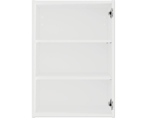 Innenansicht eines weissen Badezimmerschranks mit zwei Einlegeböden