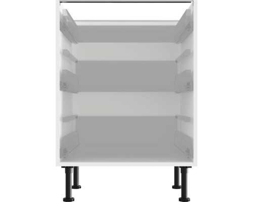 Weißer Unterschrank mit Auszügen und schwarzen Füßen.