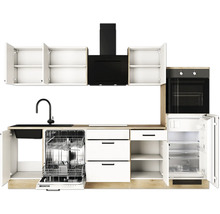 Küchenzeile mit Spüle, Geschirrspüler, Schubladen, Backofen, Kühlschrank und Dunstabzugshaube