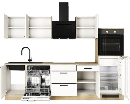 Küchenzeile mit Spüle, Geschirrspüler, Schubladen, Backofen, Kühlschrank und Dunstabzugshaube