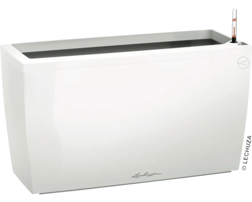 Rechteckiger, weisser Pflanzkasten mit Wasserstandsanzeiger