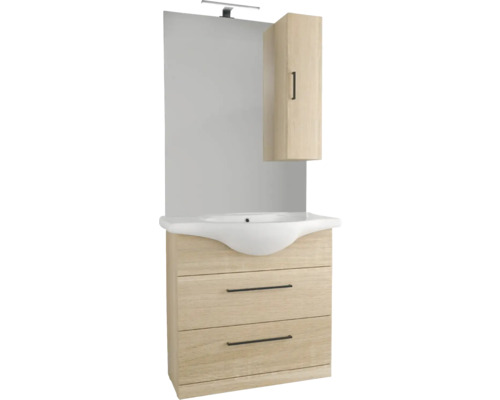 Badmöbelset 5-teilig Baden Haus Lanai BxHxT 87 x 190 x 50 cm Frontfarbe eiche mit Waschtisch weiß Griff schwarz 03104 Waschtisch mit Spiegel, Waschbecken und Unterschrank