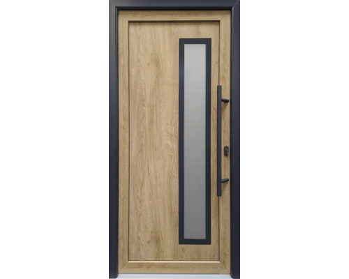 Haustür aus Holz mit Glaseinsatz und Griff