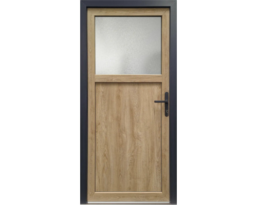 Holztür mit Glaseinsatz und schwarzem Türgriff