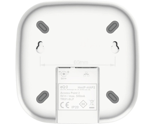 Unterseite des Homematic IP Access Point 2 mit CE-Kennzeichnung und IP20 Schutzart