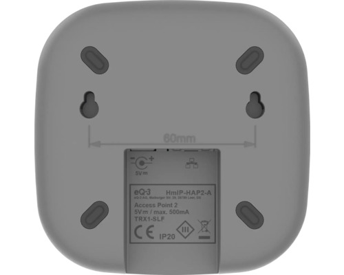 Rückseite eines Smart Home Access Points mit Montagevorrichtungen und technischen Informationen.