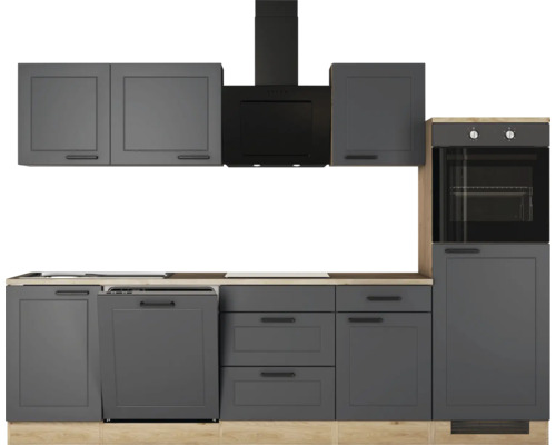 Küchenzeile mit Ober- und Unterschränken, Dunstabzugshaube und Einbaubackofen