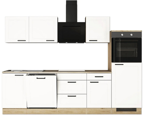 Küchenzeile mit Spülmaschine, Herd, Dunstabzugshaube und Schränken