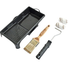 Farbauftragset mit Farbwanne, Pinsel, Farbrollerbügel und Farbwalzen