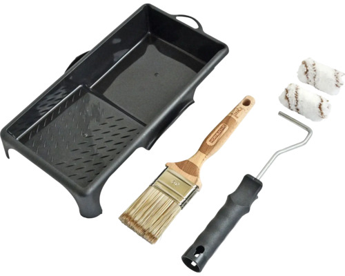 Farbauftragset mit Farbwanne, Pinsel, Farbrollerbügel und Farbwalzen