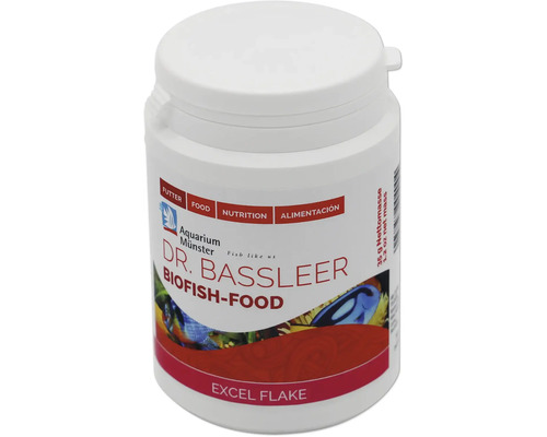 Aquariumfischfutter Aquarium Münster Dr. Bassleer Biofish Food EXCEL FLAKE 35 g Dr. Bassleer Biofish-Food in einer weißen Dose