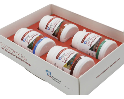 Dr. Bassleer Biofish Food Foodbox mit verschiedenen Fischfuttersorten in einer weißen Schachtel