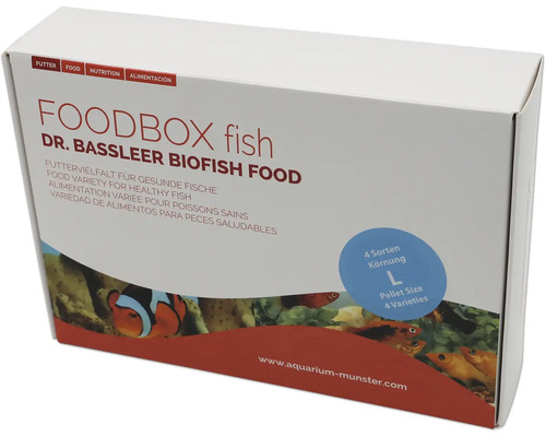 Aquariumfischfutter Aquarium Münster Dr. Bassleer Biofish Food FOODBOX fish L mit 1 x REGULAR L 60 g, 1 x CHLORELLA L 60 g, 1 x GARLIC L 60 g, 1 x ACAI L 60 g Dr. Bassleer Biofish Foodbox Fischfutter mit verschiedenen Sorten