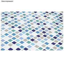 Mosaikfliese mit quadratischem Muster in verschiedenen Blautönen und Grau