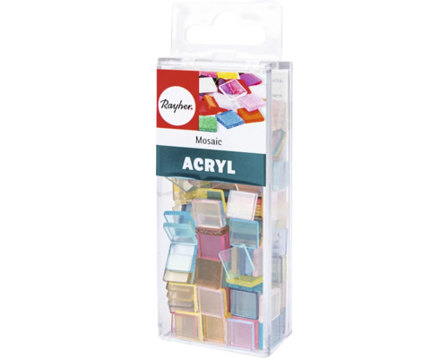 Rayher Logo. Acryl Mosaiksteine in einer transparenten Verpackung.