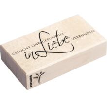 Holzblock mit Aufschrift Gesucht und gefunden in Liebe verbunden