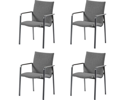 Vier Stühle mit Armlehnen und Stoffbezug