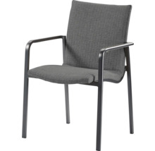 Gartenstuhl mit Armlehnen und grauer Stoffbespannung