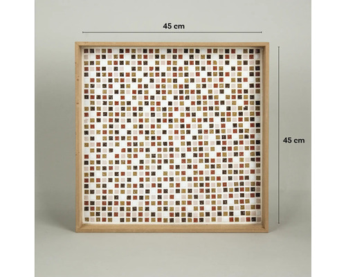 Quadratischer Spiegel mit Mosaikmuster und Holzrahmen, Größe 45 mal 45 Zentimeter