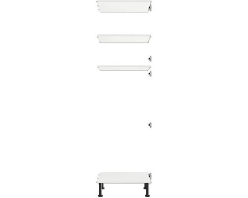 Mehrere weisse Regalböden mit verstellbaren Füßen