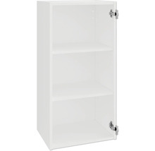Weißer Hängeschrank mit zwei Regalböden und einer offenen Tür.
