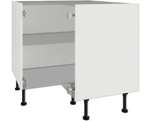PICCANTE Smart Eck-Unterschrankkorpus 90 x 90 cm für 2 Drehtüren BxTxH 55,5 x 1,6 x 70,4 cm weiß zerlegt "Nr. 31" Unterschrank mit geöffneter Tür und Regalböden